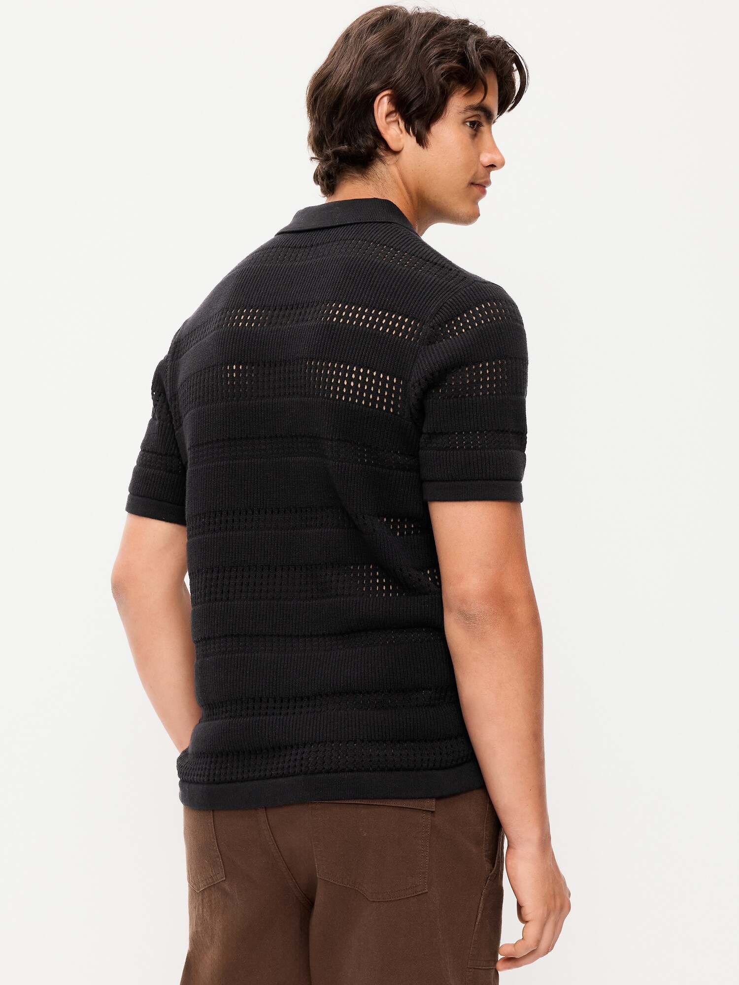 Мужской свитер Old Navy Short-Sleeve Open-Knit Sweater Shirt, цвет: Чёрный — фото 2