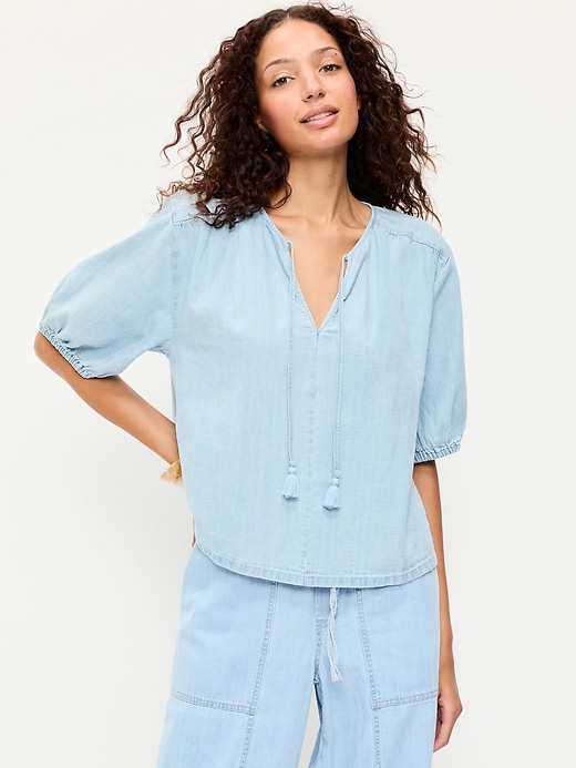 Image number 1 showing, Short-Sleeve Beaded Denim Top