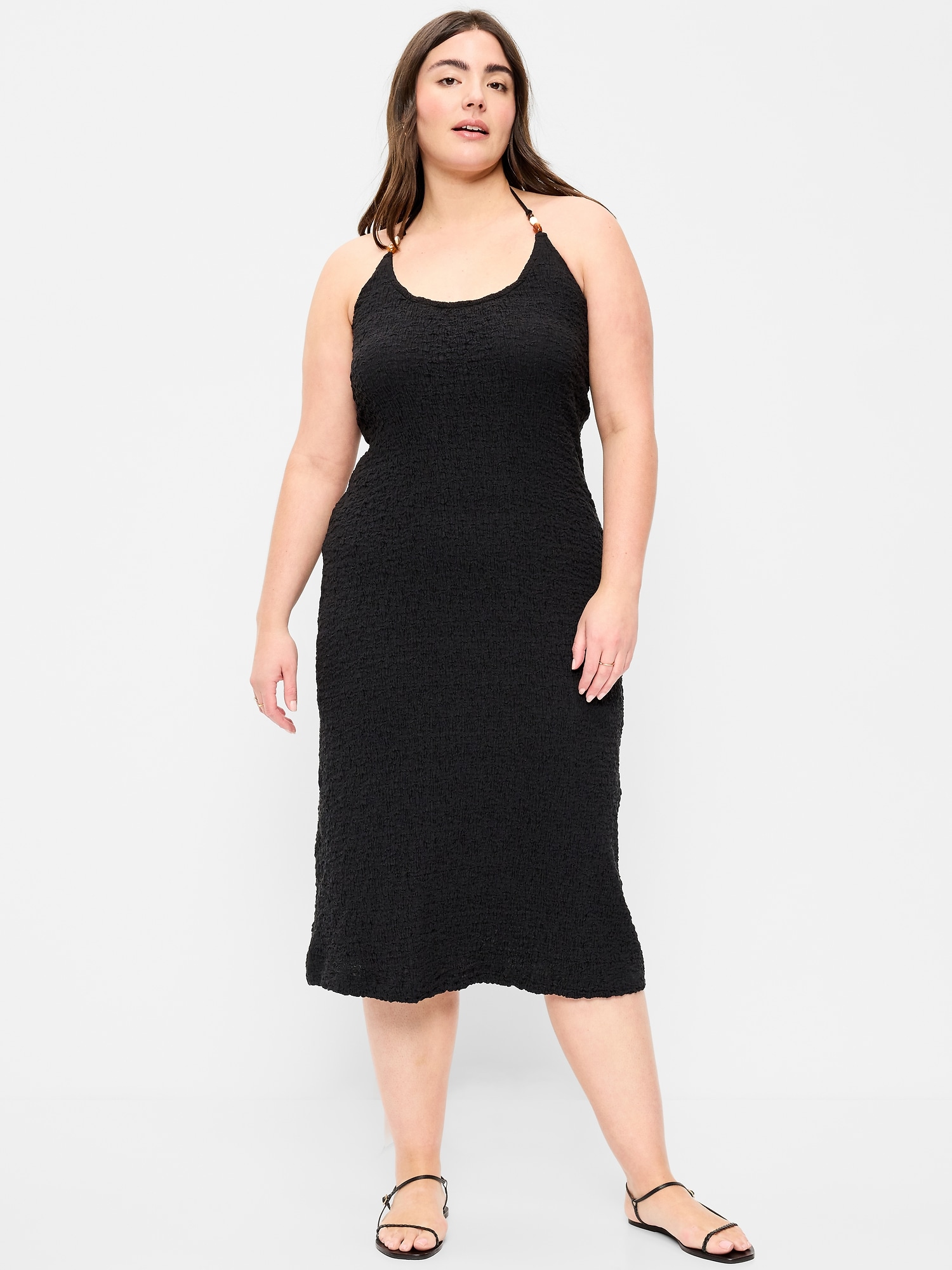 Beaded Halter-Neck Textured Midi Dress