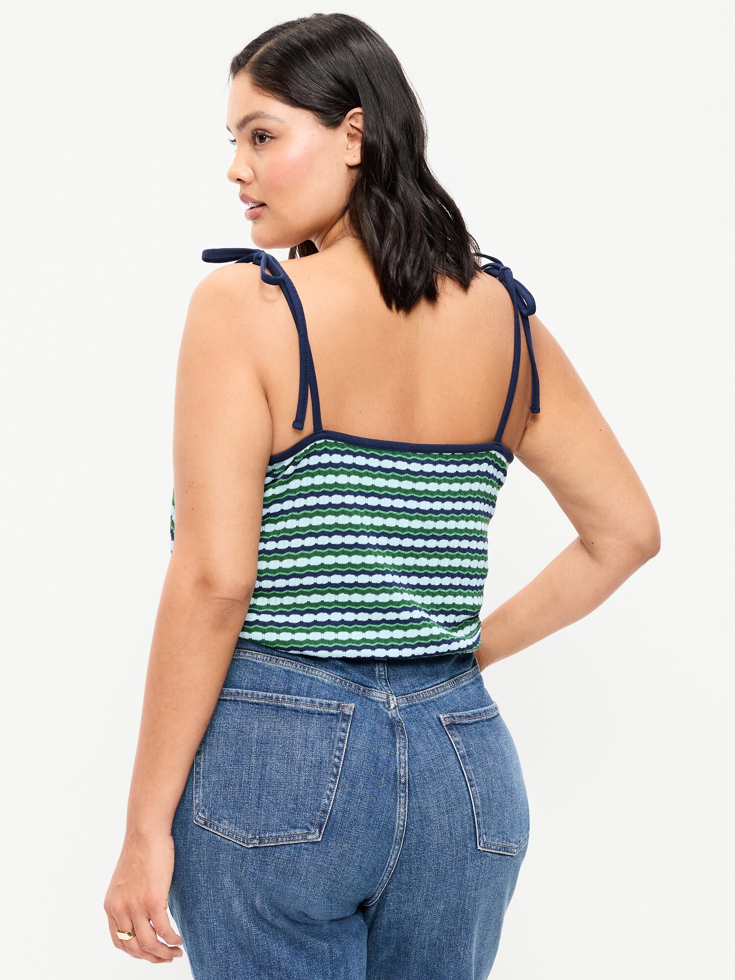 Женский топ Old Navy Sleeveless Pointelle Tie-Strap Tank Top, цвет: Зелёный синий полосатый — фото 6