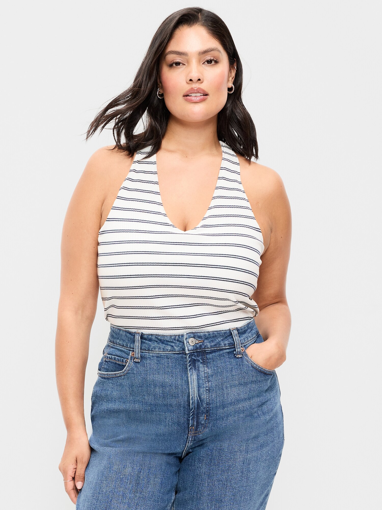 Женский топ Old Navy Ribbed Loop-Back Halter Top, цвет: Тёмно-синий полосатый — фото 6