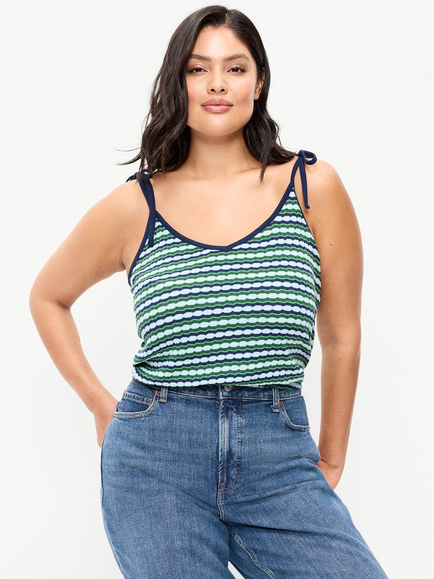 Женский топ Old Navy Sleeveless Pointelle Tie-Strap Tank Top, цвет: Зелёный синий полосатый — фото 5