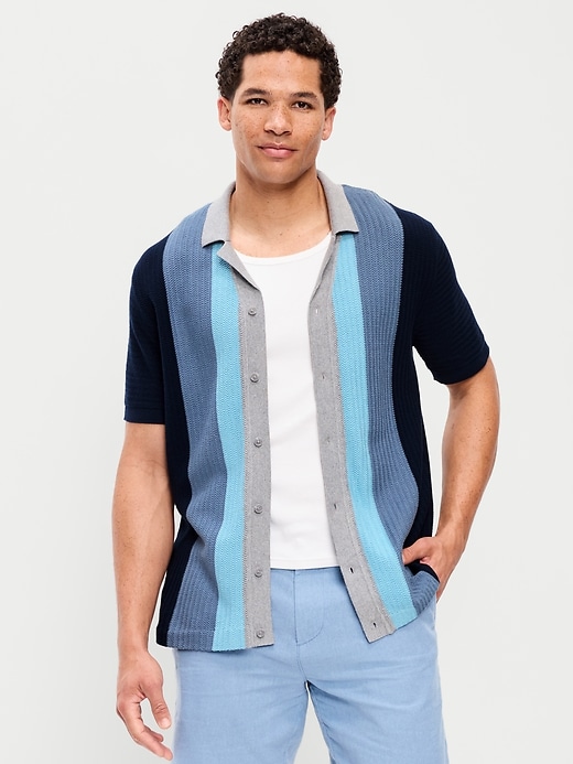 Image number 1 showing, Short-Sleeve Striped Camp Sweater Shirt