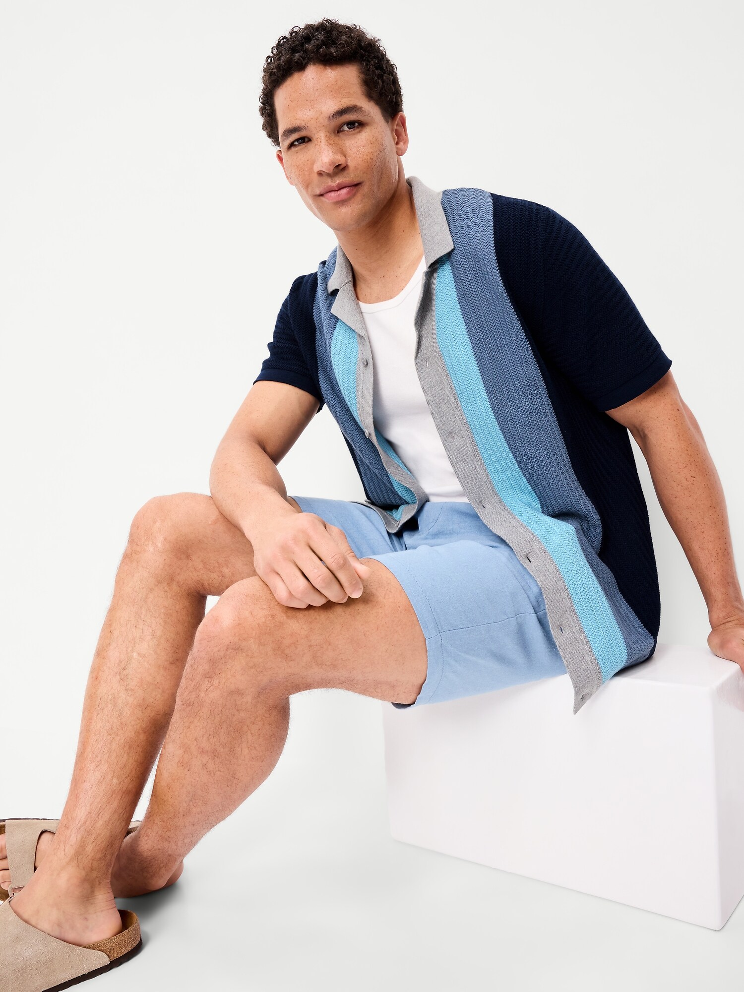Мужской свитер Old Navy Short-Sleeve Striped Camp Sweater Shirt, цвет: Тёмно-синий — фото 3