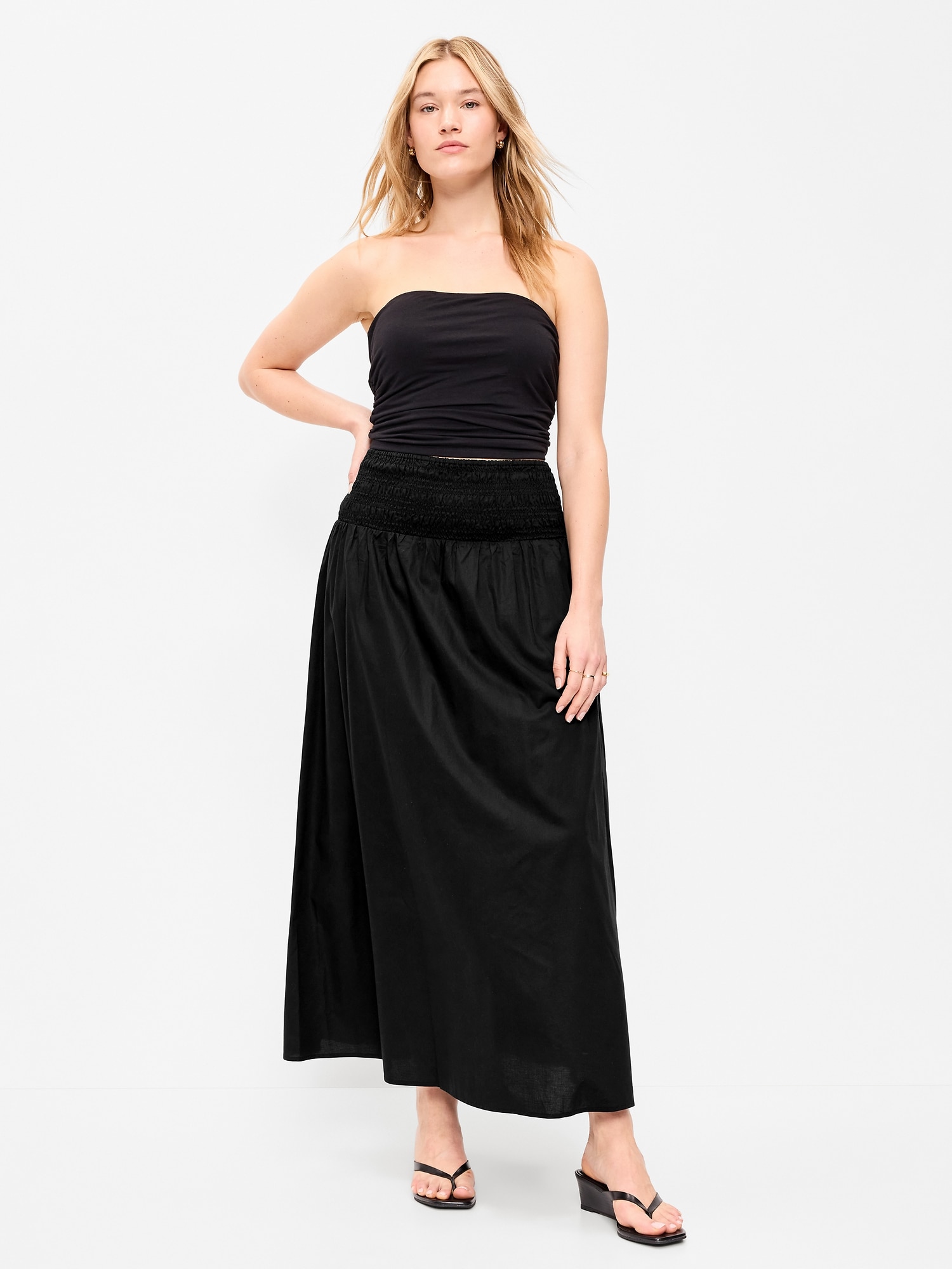 Twill Smocked-Waist Maxi Skirt