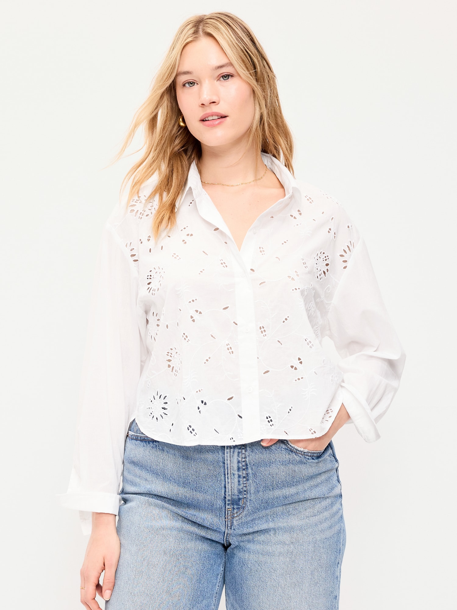 Cropped Eyelet Button-Down Shirt