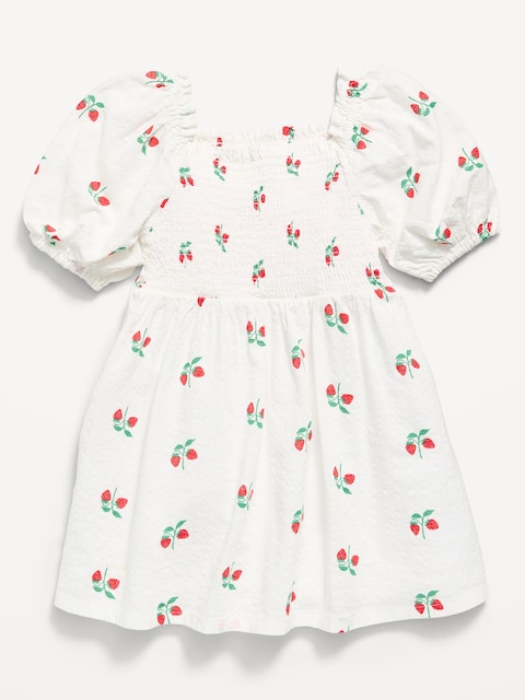 Printed Fit and Flare Puff-Sleeve Smocked Dress for Toddler Girls