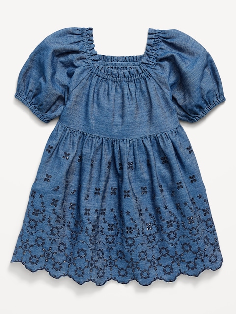 Fit and Flare Puff-Sleeve Embroidered Dress for Toddler Girls