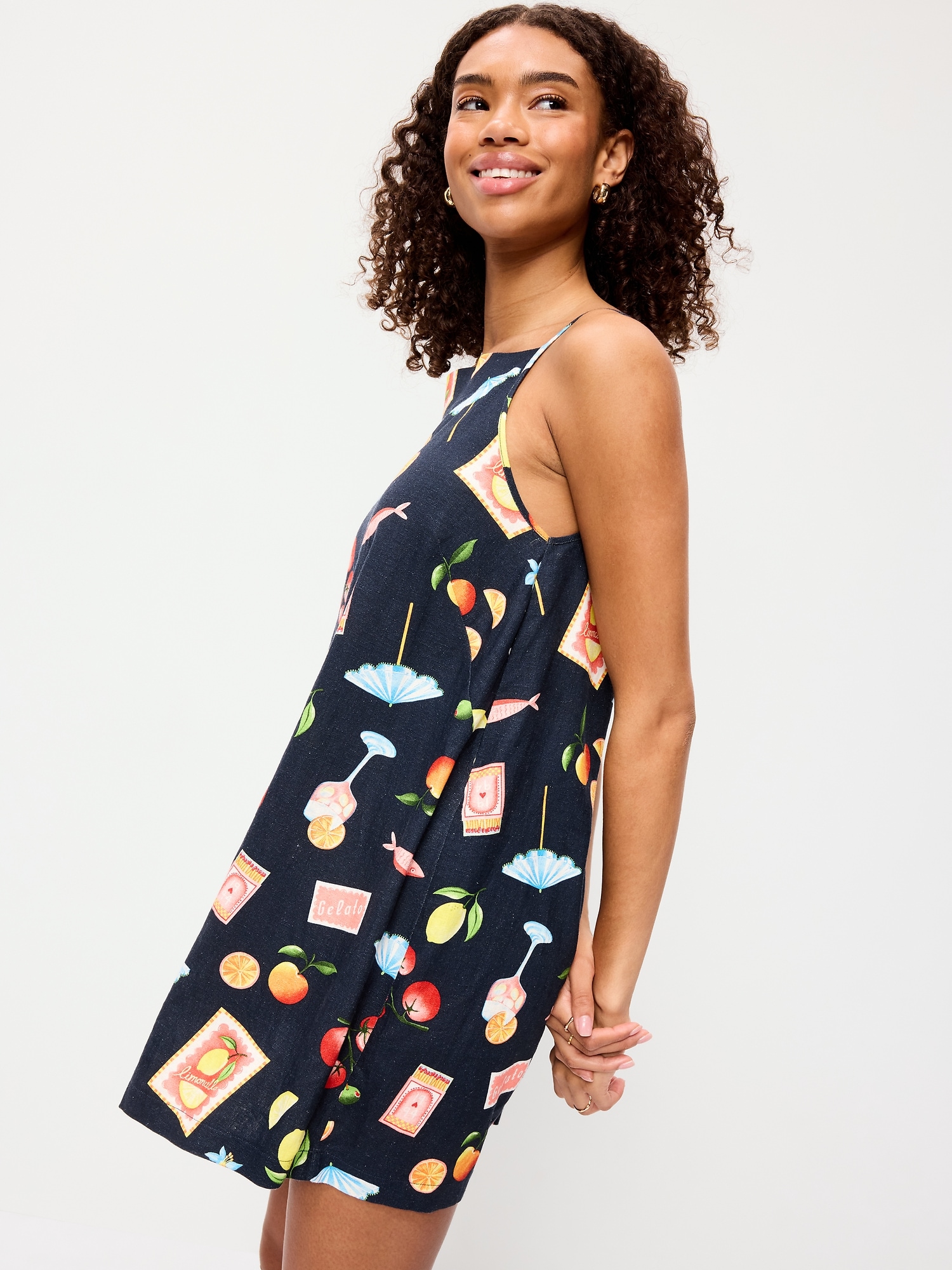 Linen-Blend Apron-Neck Mini Shift Dress