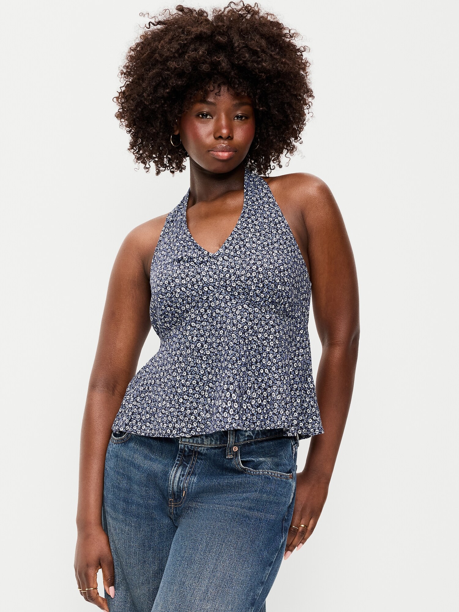 Женский топ Old Navy из смеси льна с V-образным вырезом и бретелью на шее, цвет: Синий с принтом — фото 5