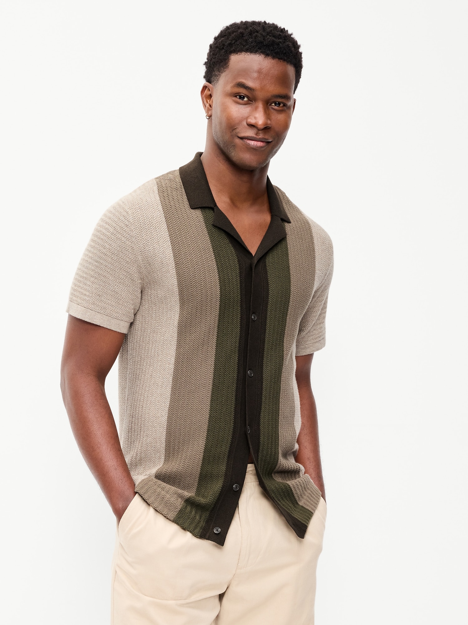 Short-Sleeve Striped Camp Sweater Shirt