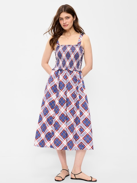 Fit & Flare Smocked-Bodice Midi Dress