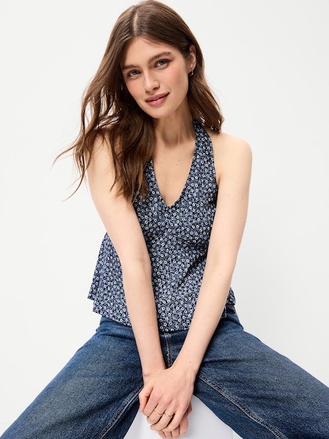 Linen-Blend V-Neck Halter Top