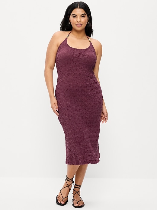 Image number 1 showing, Beaded Halter-Neck Textured Midi Dress