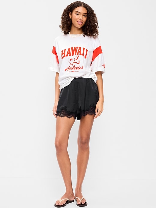 Image number 1 showing, High-Waisted Lace-Trim Satin Shorts