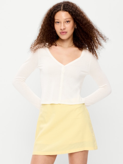 Merino Wool-Blend Sheer Cropped V-Neck Cardigan