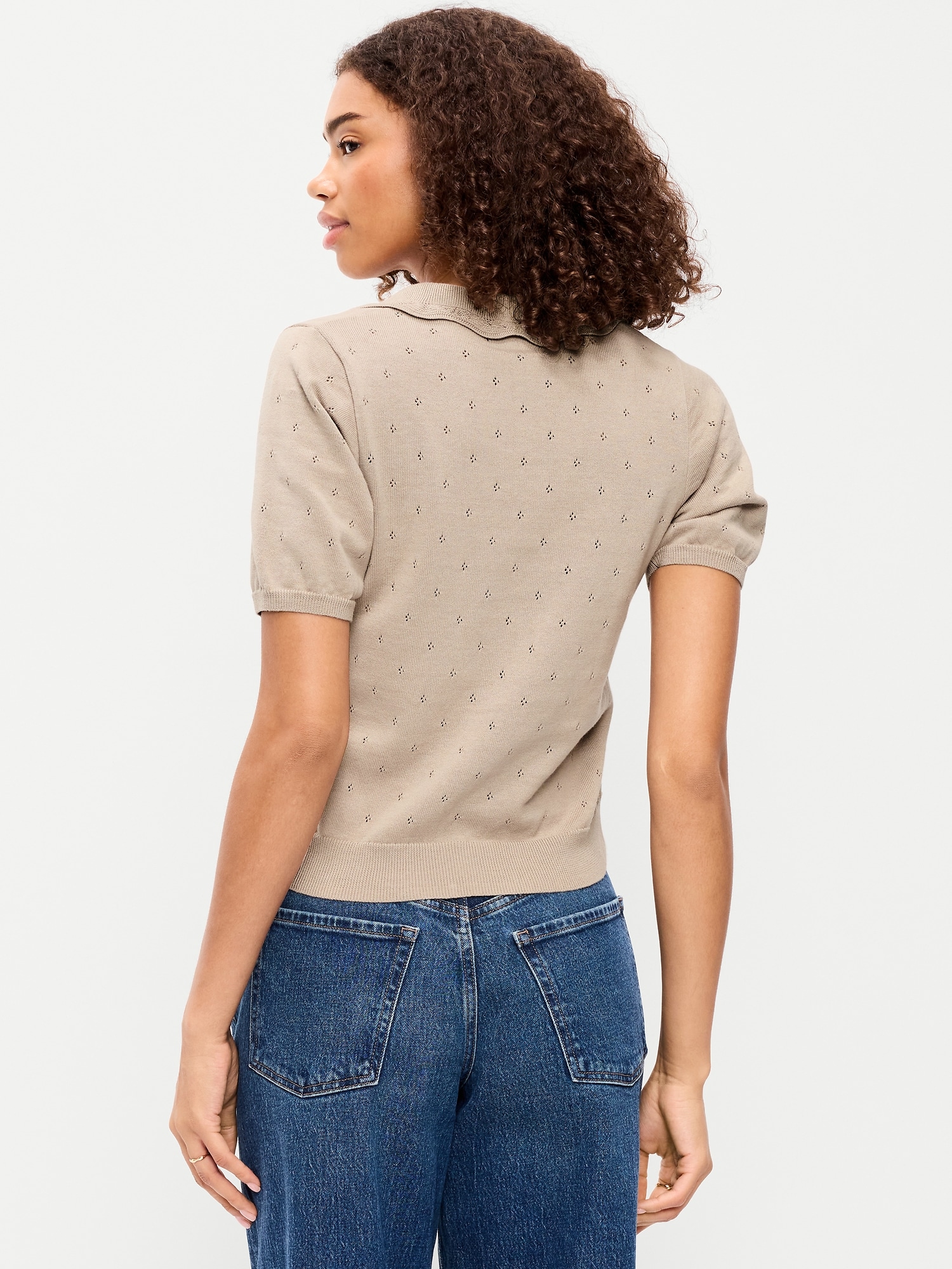 Tie-Front Seaside Cotton Pointelle Cropped Polo