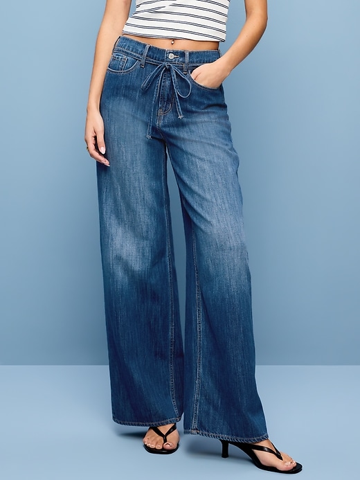 Image number 2 showing, High-Waisted Baggy Wide-Leg Drawstring Jeans