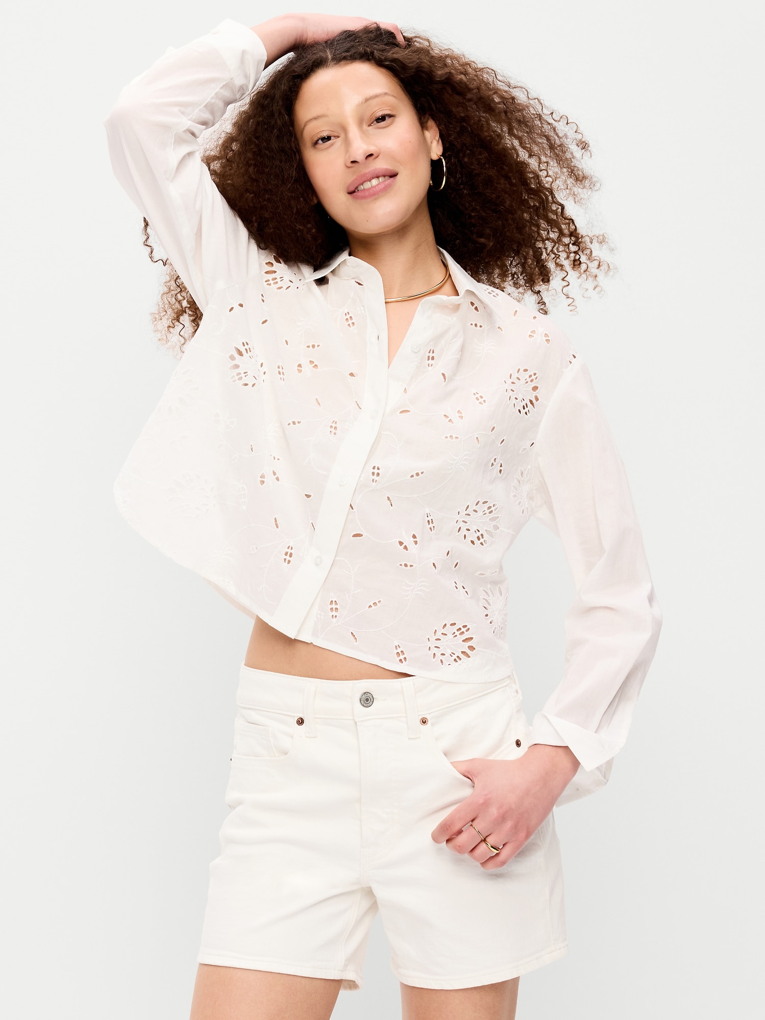 Cropped Eyelet Button-Down Shirt