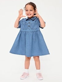 Image number 1 showing, Short-Sleeve Denim Shirt Dress for Toddler Girls