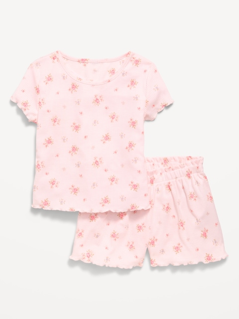 Ribbed Lettuce-Edge Pajama Top and Shorts Set for Girls