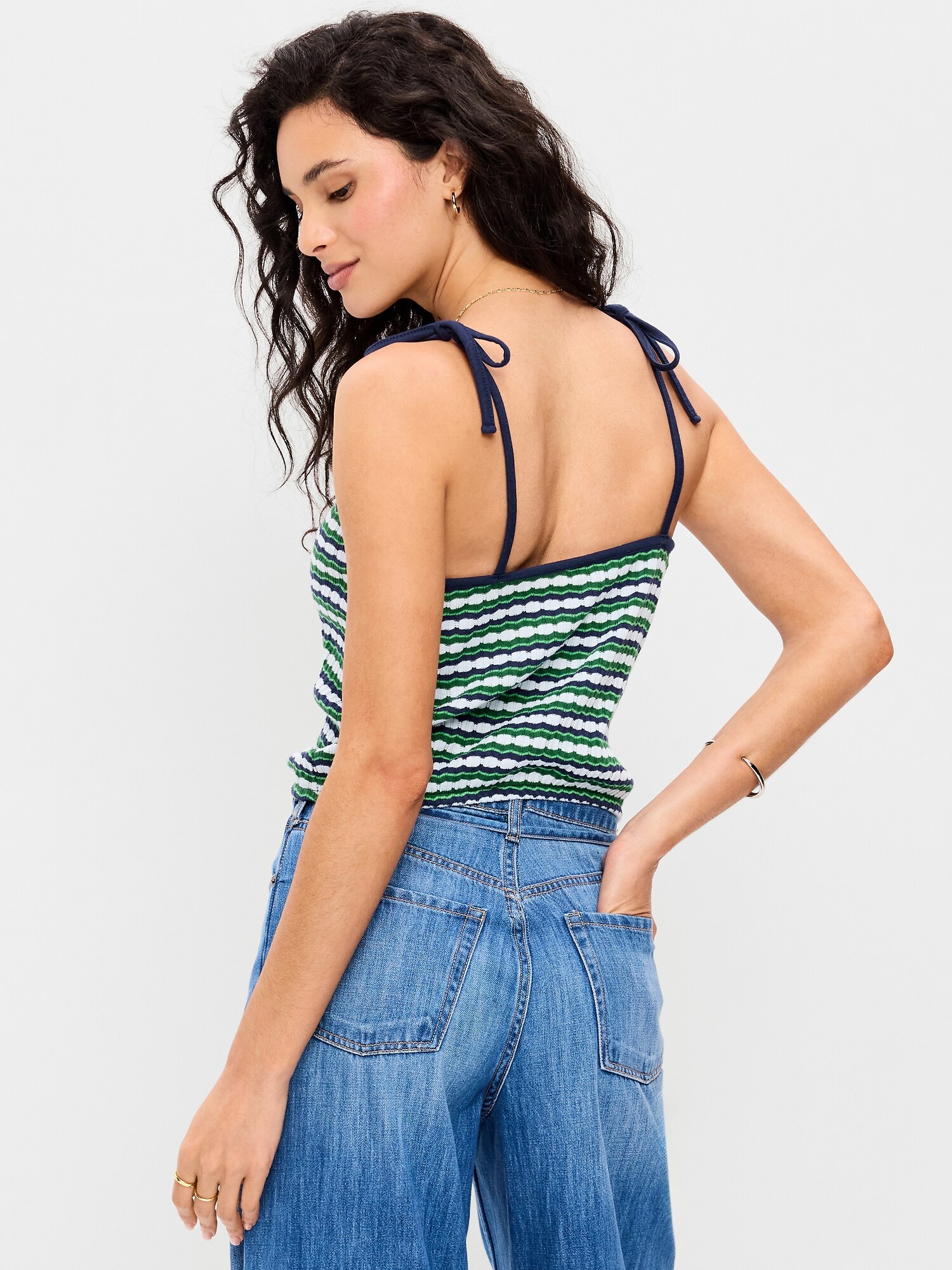 Женский топ Old Navy Sleeveless Pointelle Tie-Strap Tank Top, цвет: Зелёный синий полосатый — фото 2