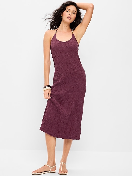 Image number 1 showing, Beaded Halter-Neck Textured Midi Dress