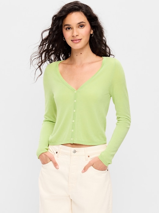 Image number 1 showing, V-Neck Long-Sleeve Sheer Cropped Cardigan