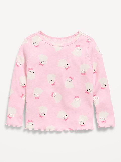 Printed Fitted Long-Sleeve Ribbed T-Shirt for Toddler Girls