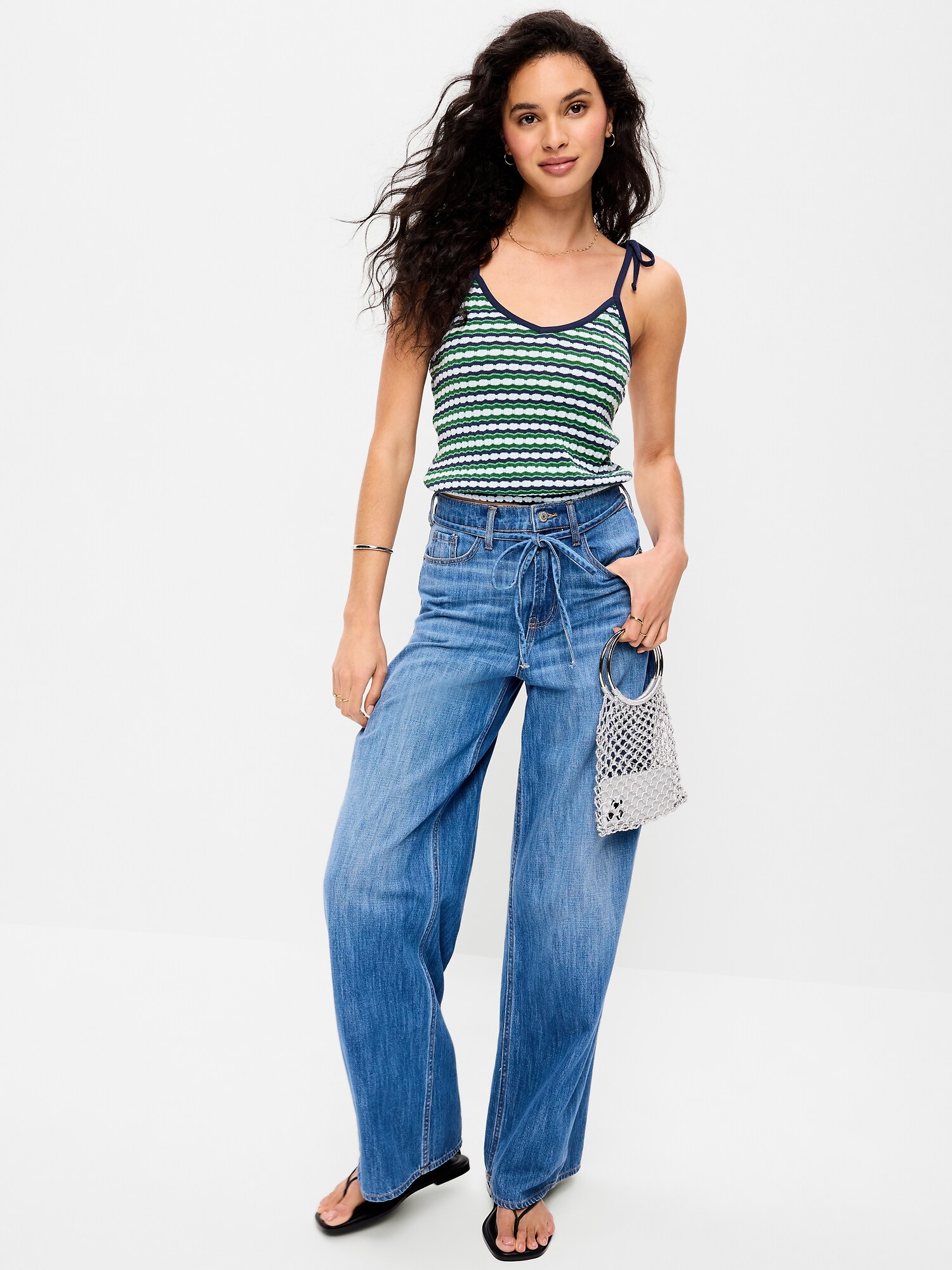 Женский топ Old Navy Sleeveless Pointelle Tie-Strap Tank Top, цвет: Зелёный синий полосатый — фото 3