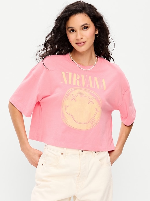 Image number 1 showing, Crew-Neck Oversized Crop Graphic T-Shirt