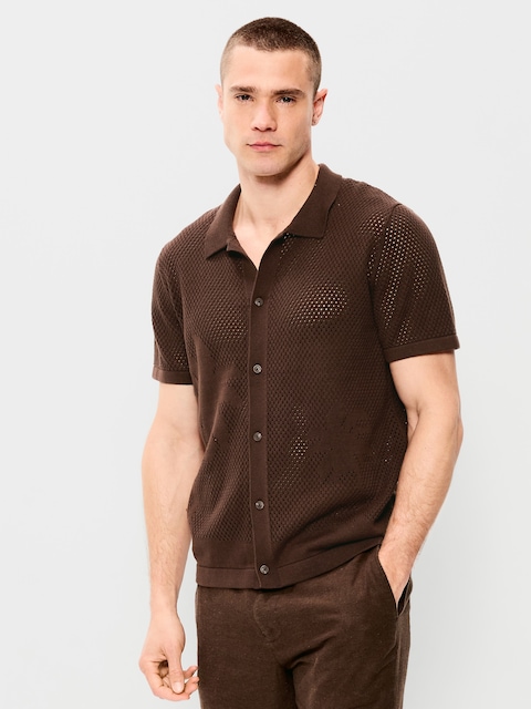 Short-Sleeve Open-Knit Sweater Shirt