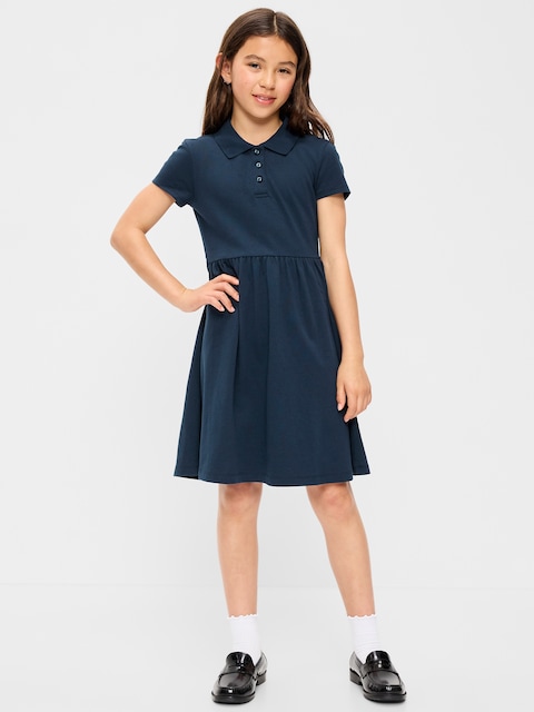 School Uniform Fit and Flare Pique Polo Dress for Girls