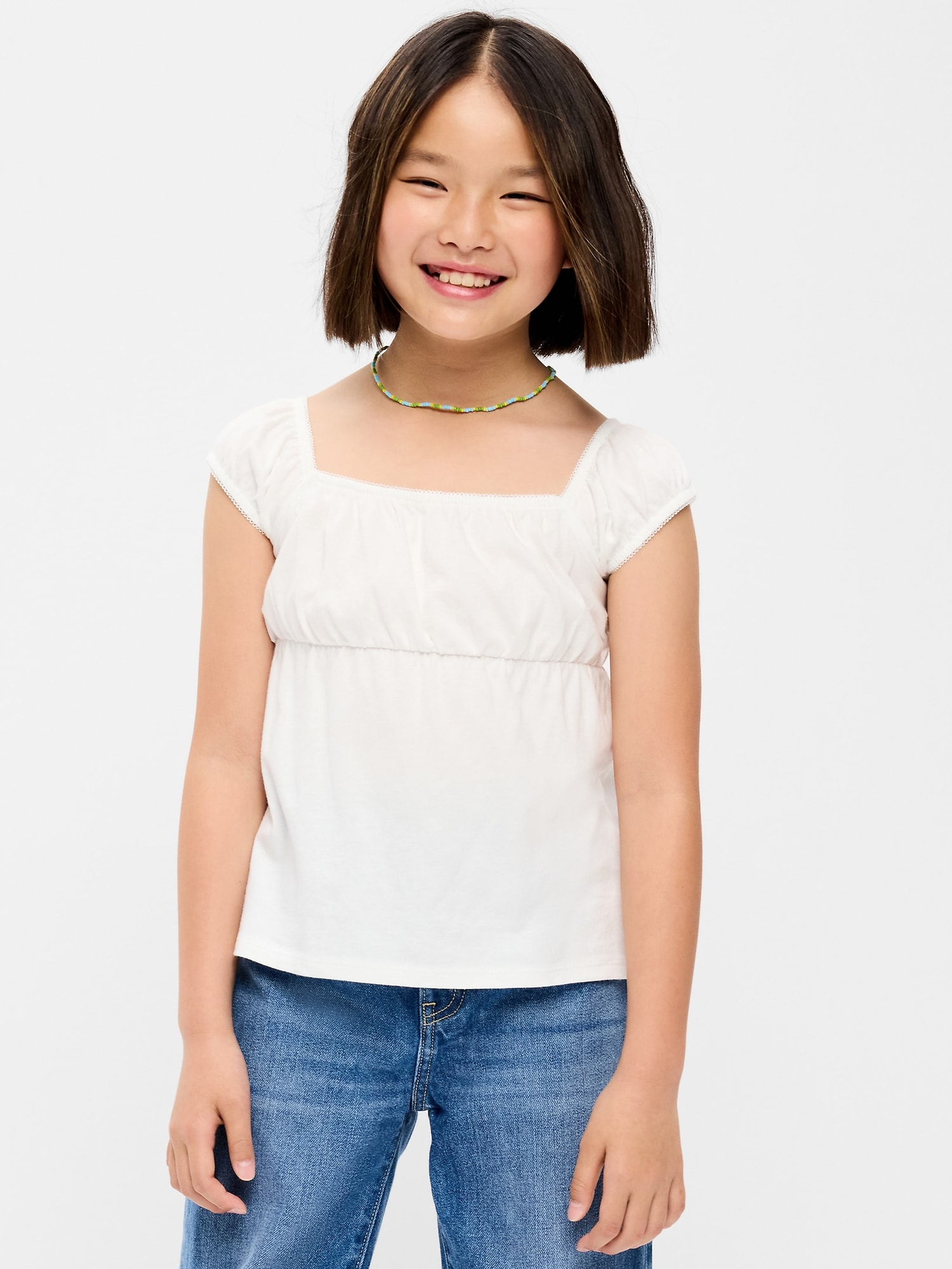 Printed Short-Sleeve Scallop-Trim Top for Girls