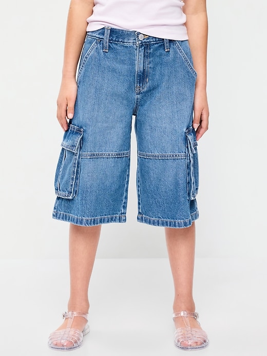 Image number 1 showing, Mid-Rise Ultra Baggy Cargo Jean Shorts for Girls