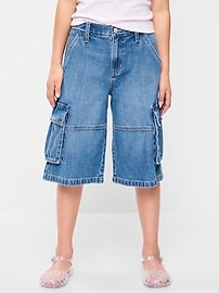 Image number 1 showing, Mid-Rise Ultra Baggy Cargo Jean Shorts for Girls
