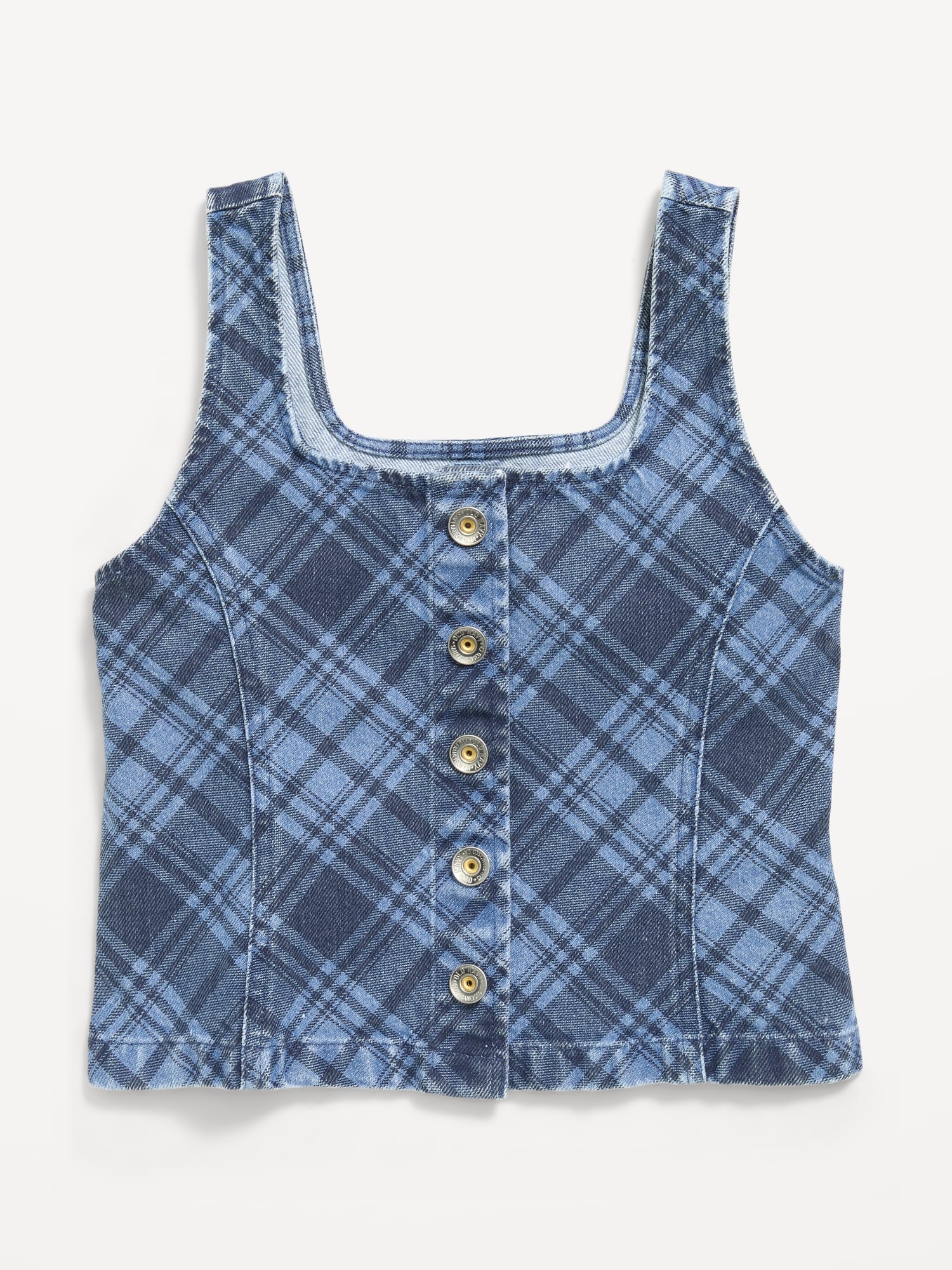 Button-Front Plaid Denim Tank Top for Girls