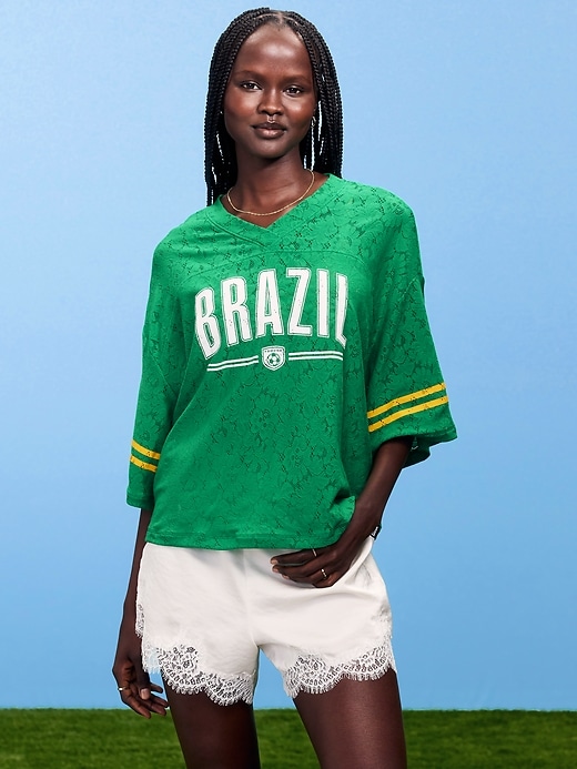 Image number 1 showing, FIFA World Cup 26™ Brazil Boxy Lace V-Neck T-Shirt for Women