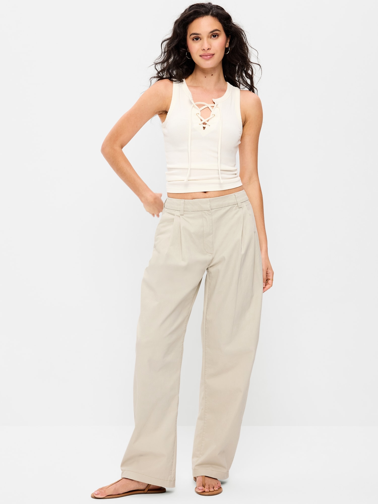 Mid-Rise Twill Barrel-Leg Pants