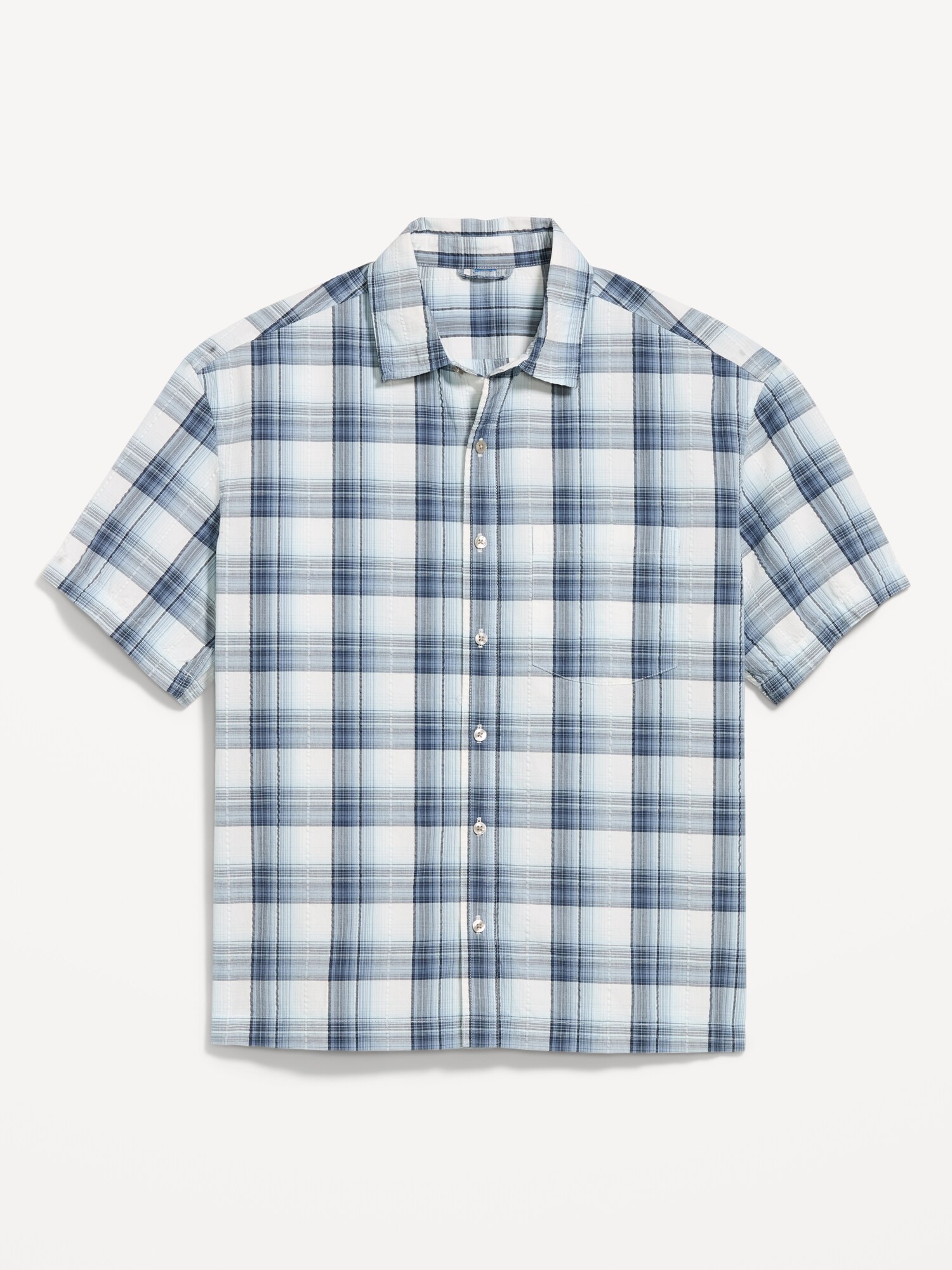Мужская рубашка Old Navy Loose Fit Textured Plaid Pocket, цвет: Синий клетчатый — фото 4