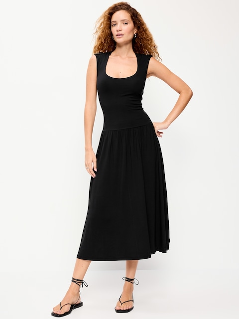 Jersey Knit Drop-Waist Midi Dress