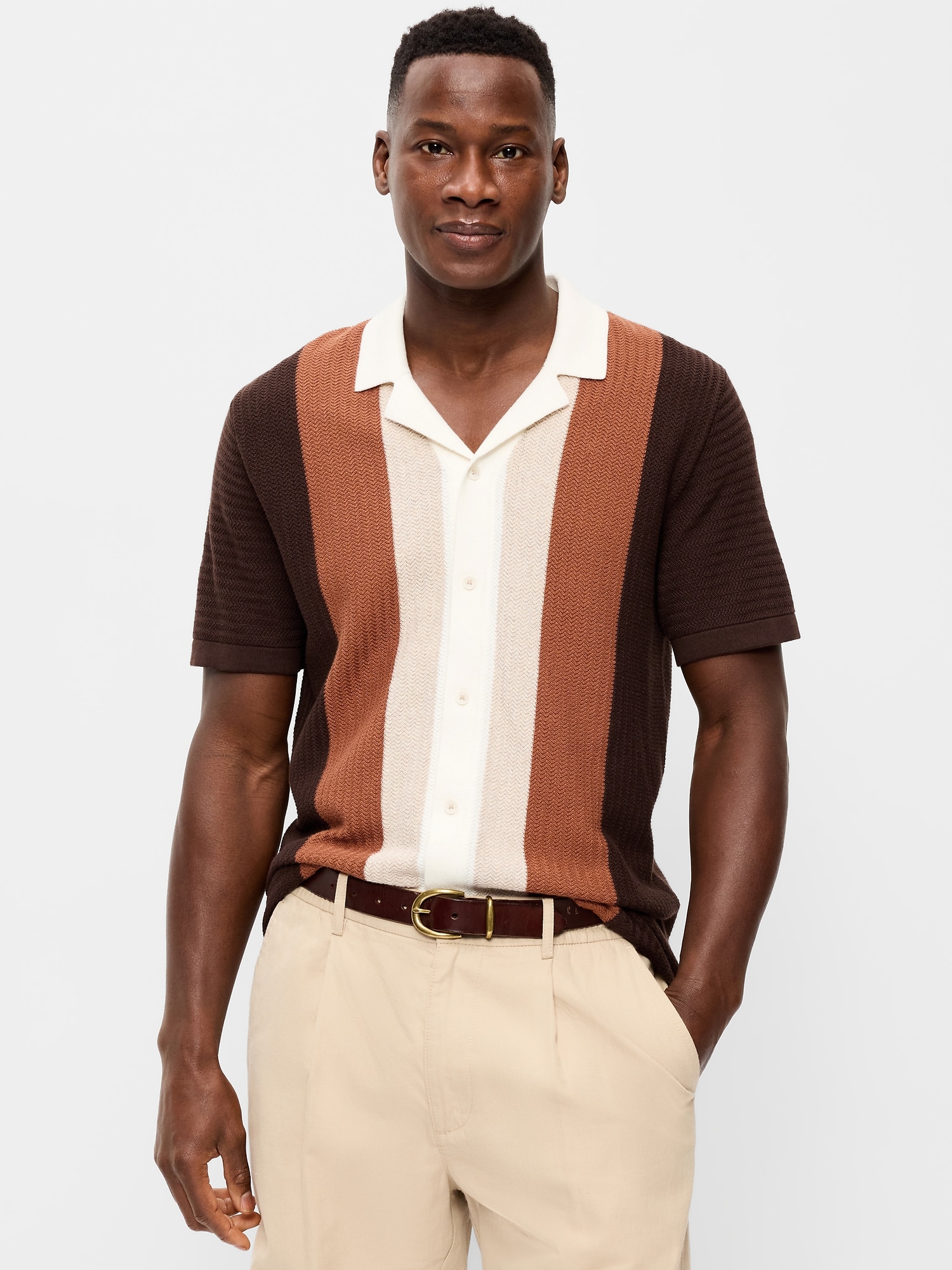 Short-Sleeve Striped Camp Sweater Shirt