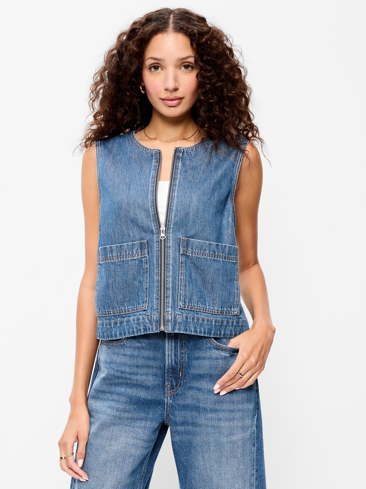 Zip-Front Denim Utility Vest