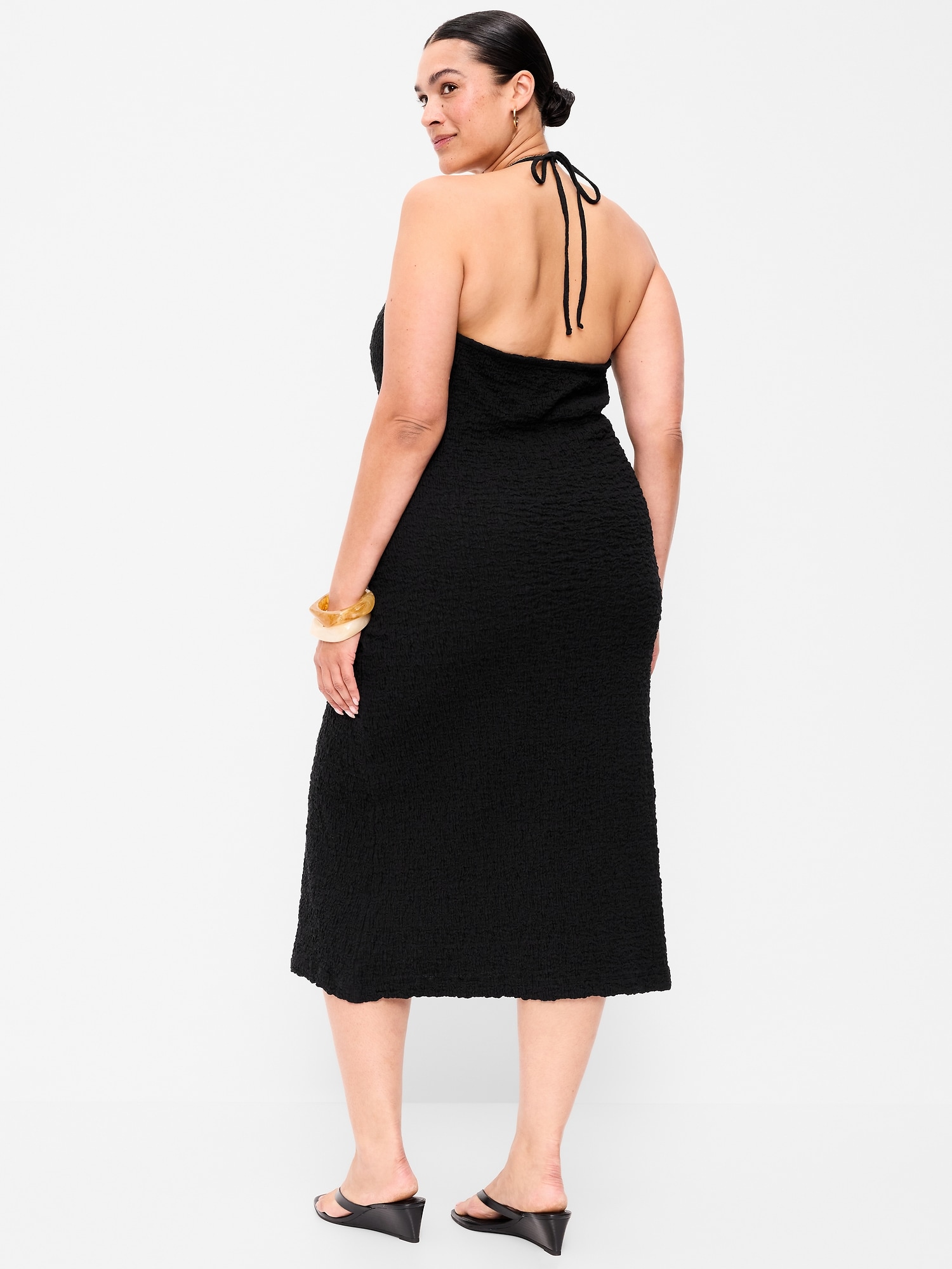 Beaded Halter-Neck Textured Midi Dress