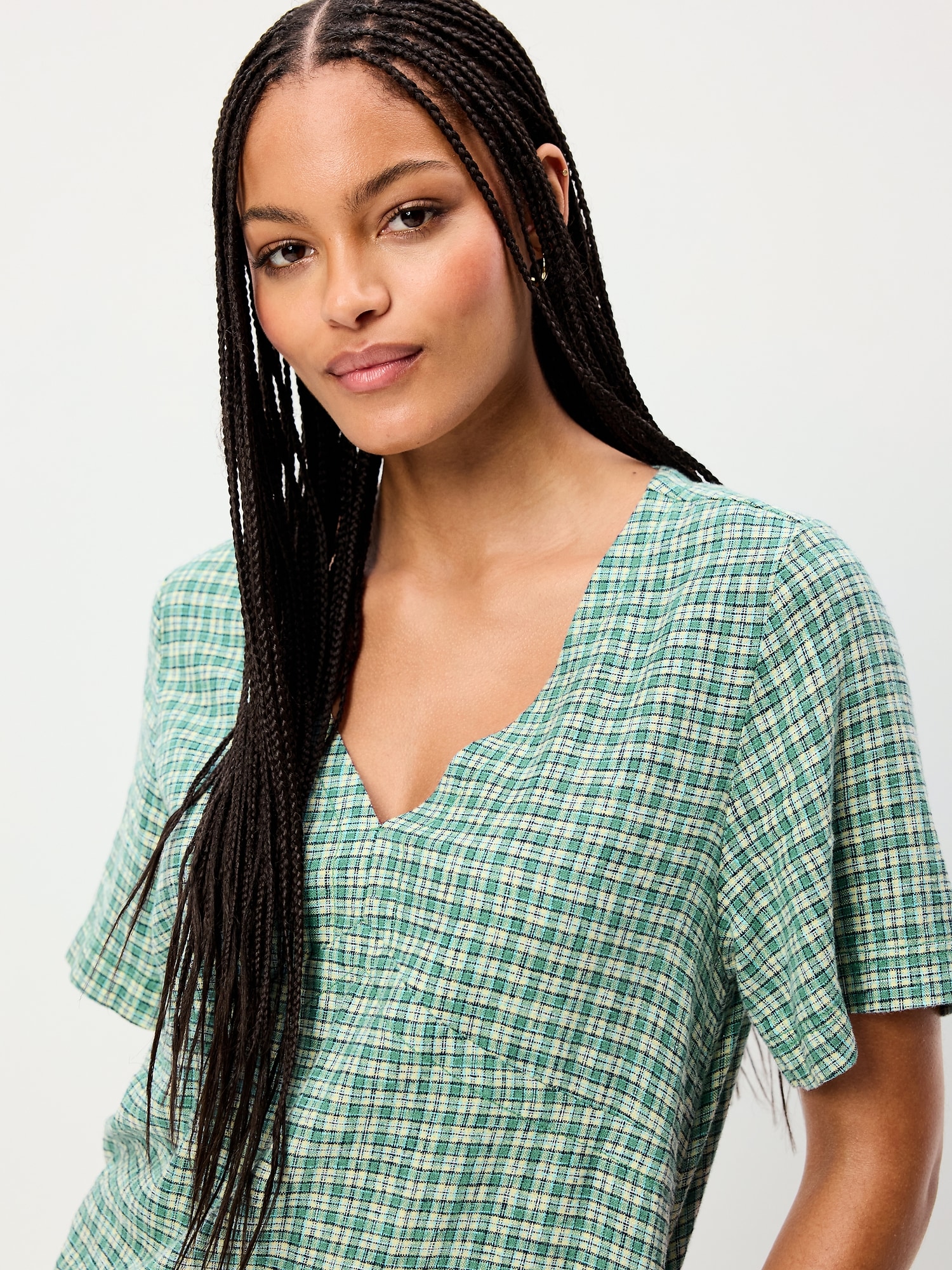 Short-Sleeve Linen-Blend Mini Shift Dress