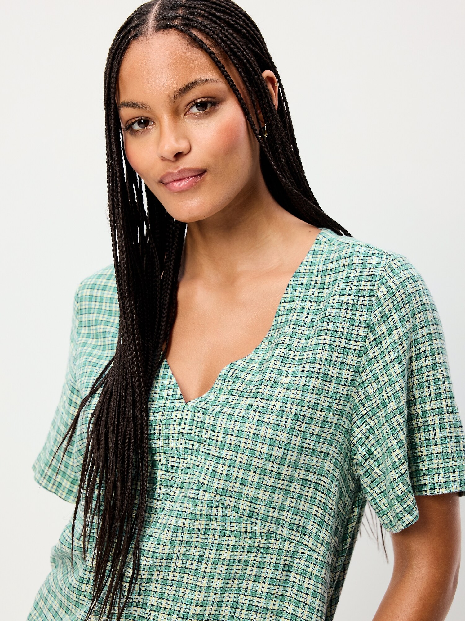 Женское платье Old Navy Short-Sleeve Linen-Blend Mini Shift, цвет: Зелёный клетчатый — фото 4
