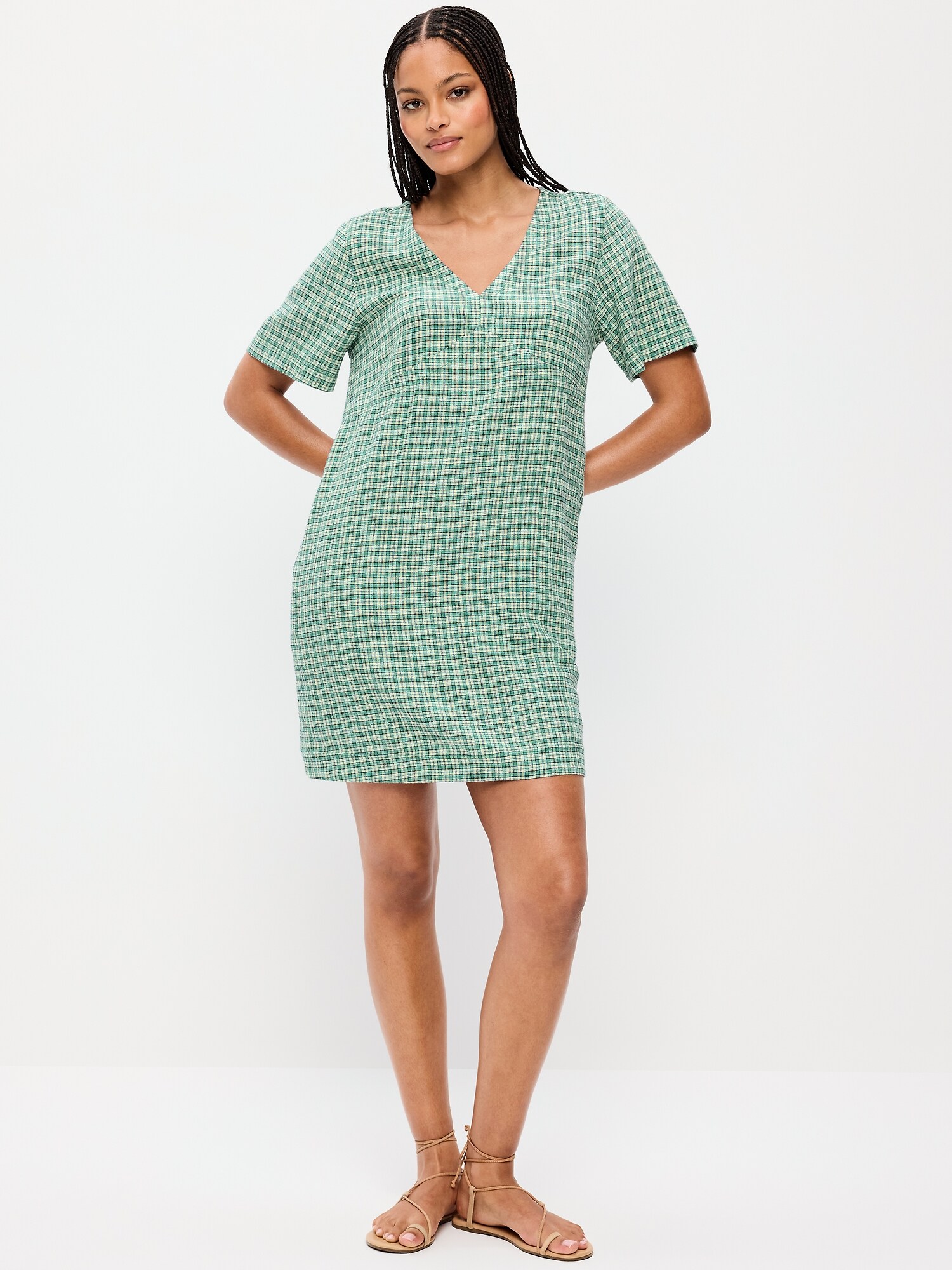 Женское платье Old Navy Short-Sleeve Linen-Blend Mini Shift, цвет: Зелёный клетчатый — фото 3