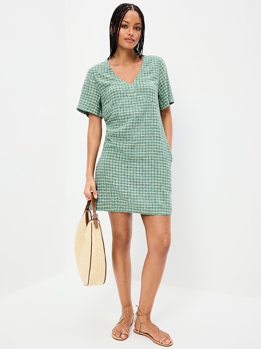 Image number 1 showing, Short-Sleeve Linen-Blend Mini Shift Dress