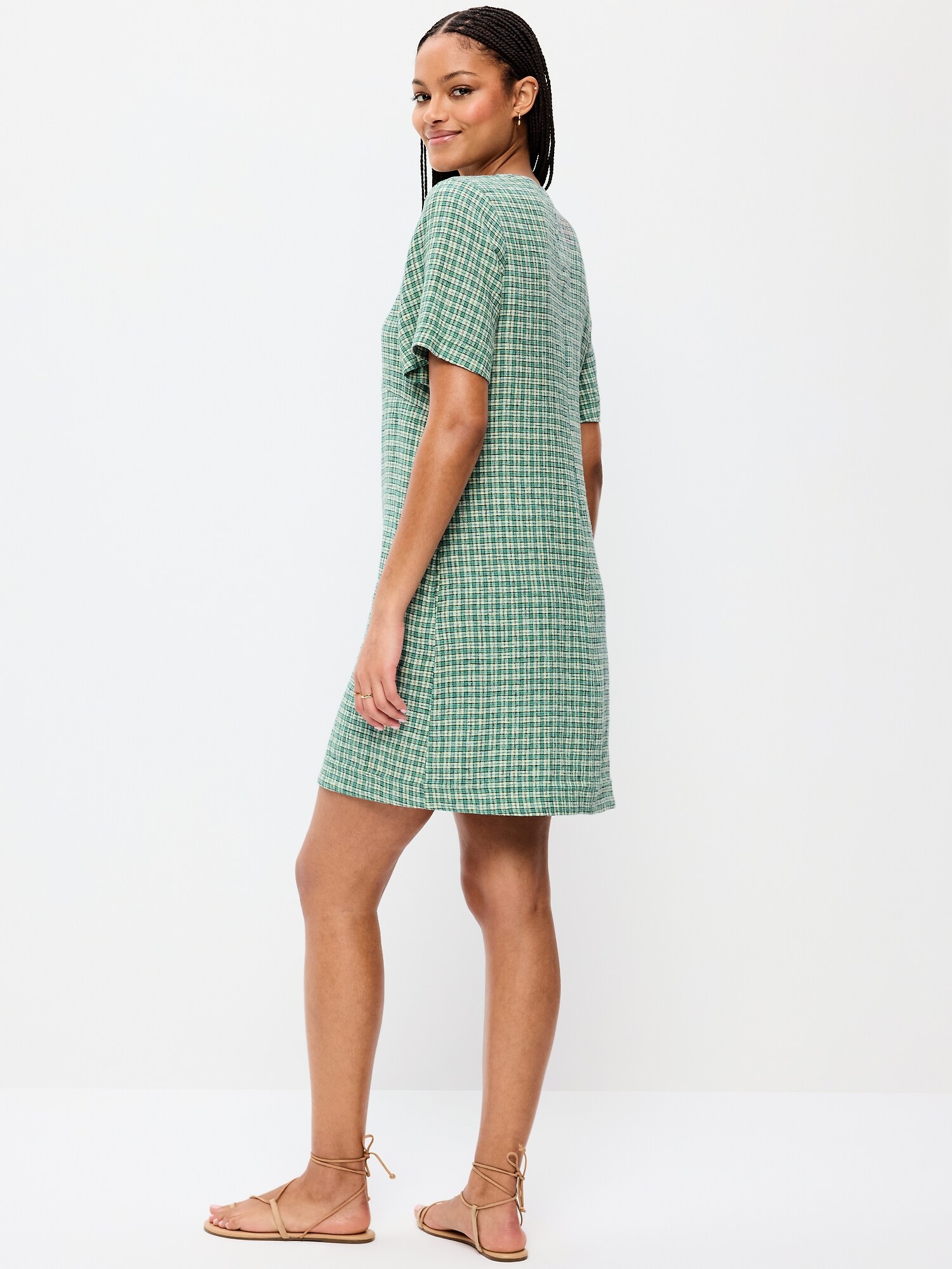 Женское платье Old Navy Short-Sleeve Linen-Blend Mini Shift, цвет: Зелёный клетчатый — фото 2