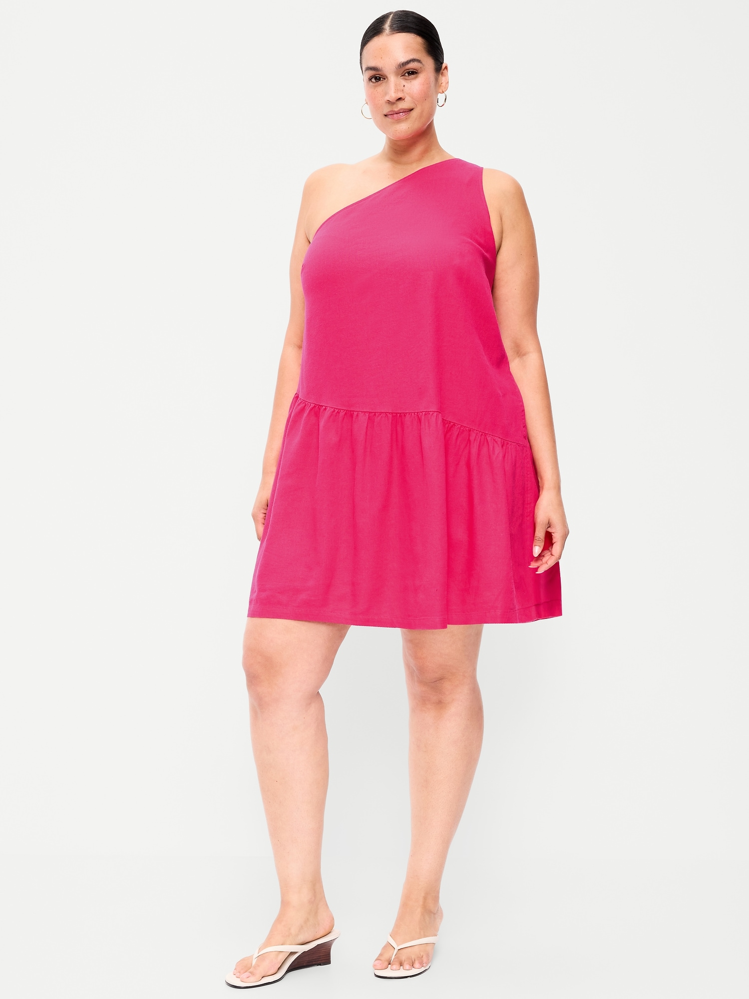 One-Shoulder Asymmetrical Linen-Blend Mini Dress